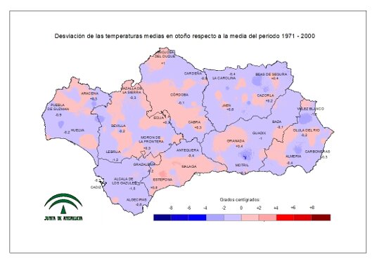Desviación de las temperaturas medias en otoño respecto a la media del periodo 1971–2000