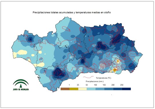 Comportamiento climatológico medio en otoño: temperaturas medias y precipitaciones totales 