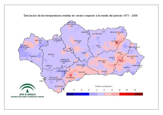 Desviación de las temperaturas medias en verano respecto a la media del periodo 1971–2000