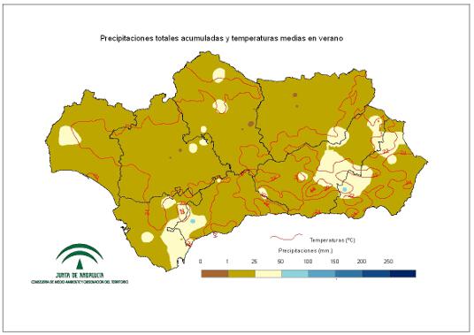 Comportamiento climatológico medio en verano: temperaturas medias y precipitaciones totales 