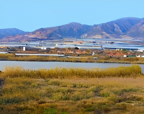 Panorámica de la Albufera de Adra en primer plano, en segundo plano algunos invernaderos y al fondo montañas