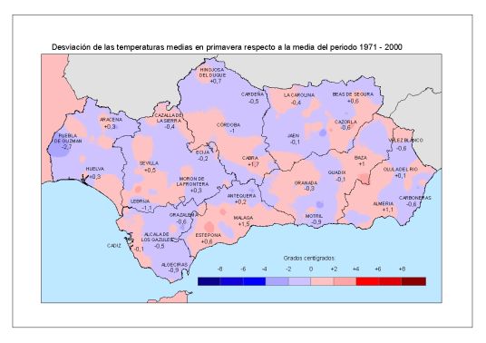 Amplia en nueva ventana: Desviación de las temperaturas medias en primavera respecto a la media del periodo 1971 - 2000