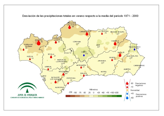 Desviación de las precipitaciones en verano respecto a la media del periodo 1971 – 2000 