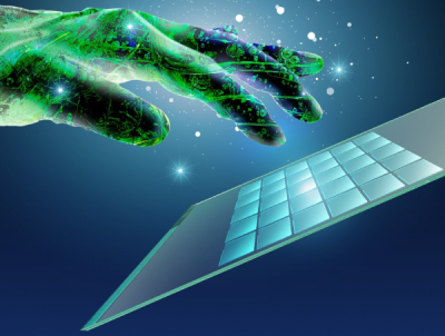 Ampliar imagen: mano virtual que se acerca a tocar el holograma de un teclado