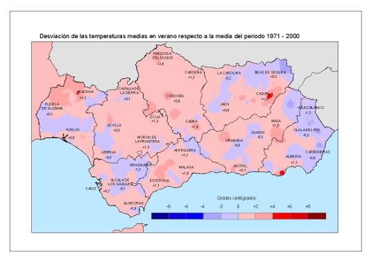 Desviación de las temperaturas medias en verano respecto a la media del periodo 1971 – 2000 