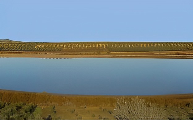 Laguna del Gosque en primer plano y al fondo cultivos de olivar