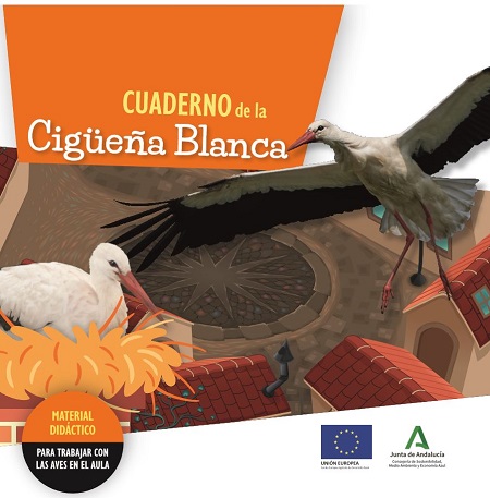 Portada del Cuaderno de la Cigüeña Blanca mostrando cigüeñas sobre unos tejados