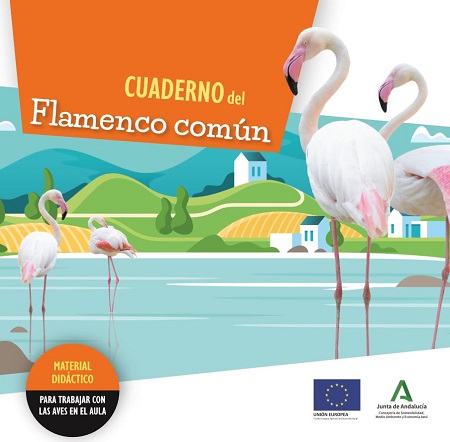 Portada del Cuaderno del Flamenco Común mostrando flamencos en un humedal.