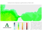 Distribución de la temperatura superficial del mar. Febrero 2025