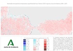 Anomalía mensual de la temperatura superficial del mar. Febrero 2025 respecto a la serie histórica 2000-2025