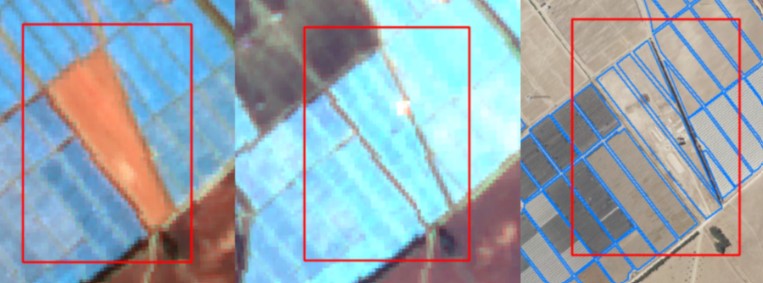 El mismo invernadero se muestra en tres periodos del año, tonos y límites diferentes, según composiciones de color de la imagen de satélite.
