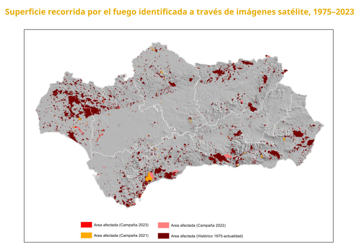 Superficie recogida por el fuego identificada a través de imágenes satélite, 1975-2023
