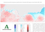 Ampliar mapa, temperatura superficial del mar (SST). Anomalías mes de noviembre 2023, serie 2000-2023