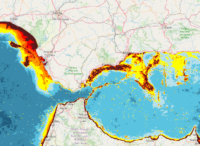 REDIAM. WMS serie de imágenes de satélite de Transparencia del agua (K490) del Océano Atlántico y Mar de Alborán. Promedio mensual, 2021 - actualidad (SENTINEL3)