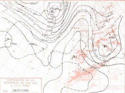 Mapas del tiempo e imagen meteosat correspondientes al 08 de julio de 1999