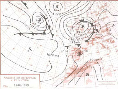 Mapas del tiempo e imagen meteosat correspondientes al 18 de agosto de 1999.
