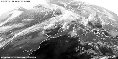 Mapas del tiempo e imagen meteosat correspondientes al 08 de febrero de 2000.