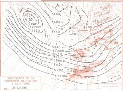 Mapas del tiempo e imagen meteosat correspondientes al 25 de diciembre de 2000.