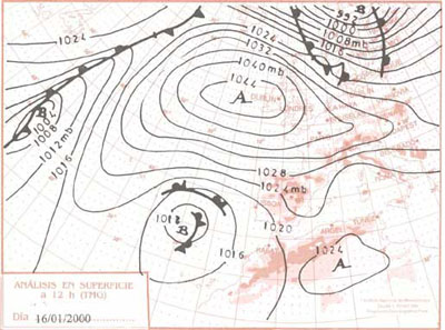 Mapas del tiempo e imagen meteosat correspondientes al 16 de enero de 2000.