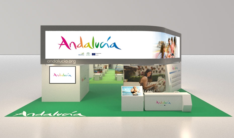 Recreación virtual del Stand de Andalucía en la feria turística Word Travel Market de Londres.