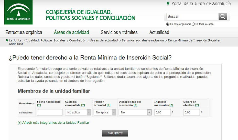 Simulador de renta mínima de la Consejería de Igualdad, Políticas Sociales y Conciliación.