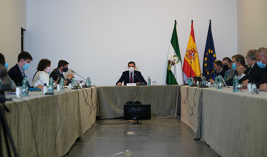El presidente de la Junta, en un momento de la reunión, celebrada en el Palacio de San Telmo.