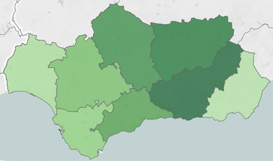 Mapa de Andalucía con información sobre los casos registrados por provincias.