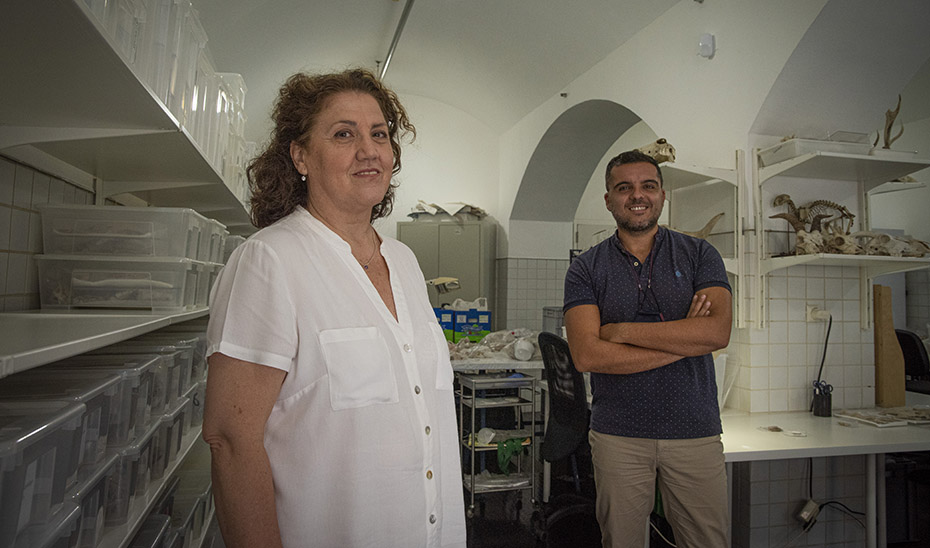 La responsable del Laboratorio de Paleontología y Paleobiología, Eloísa Bernáldez, y el investigador Esteban García-Viñas.
