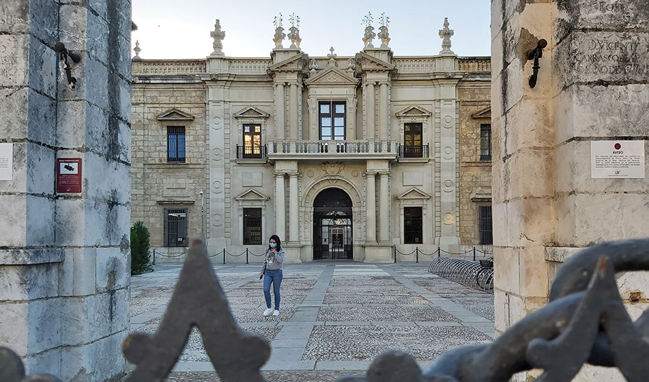 
			      Una de las puertas de acceso al edificio central de la Universidad de Sevilla.			    
			  