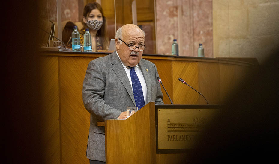 El consejero de Salud y Familias, Jesús Aguirre, durante su intervención en el pleno del Parlamento (Foto: EFE). 