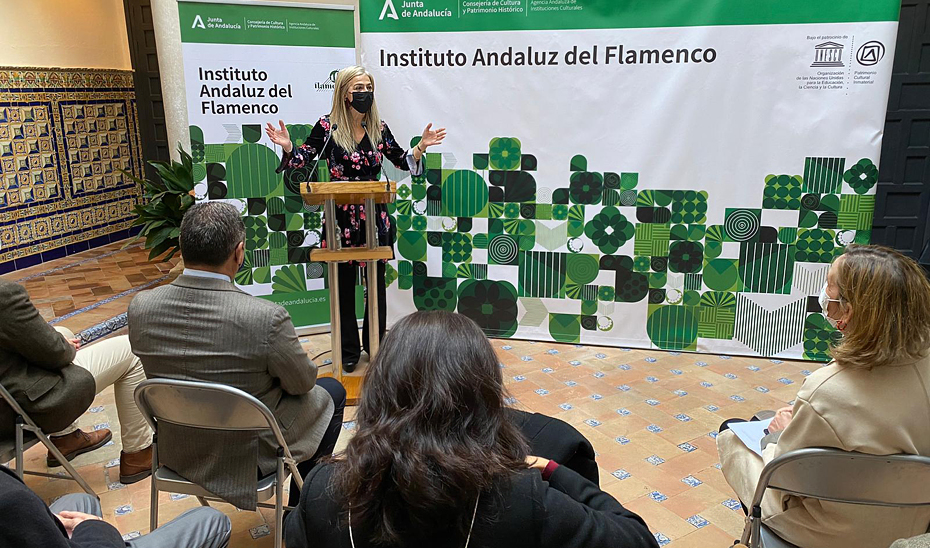 La consejera de Cultura y Patrimonio Histórico, Patricia del Pozo, durante la presentación de la programación del Día del Flamenco en Andalucía, coincidiendo el 16 de noviembre con el undécimo aniversario de su declaración como Patrimonio Inmaterial Cultural por la Unesco.