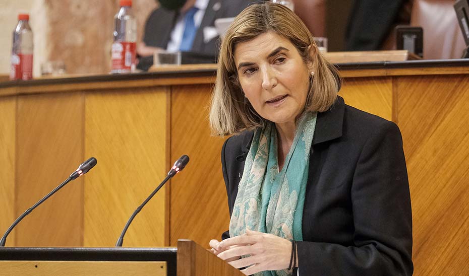 La consejera Rocío Blanco, durante una comparecencia ante el pleno del Parlamento de Andalucía.
