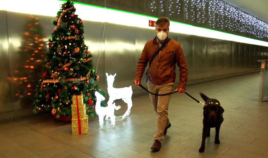 Aslán camina tranquilamente junto a Manuel Gavilán por las galerías del metro de Granada.