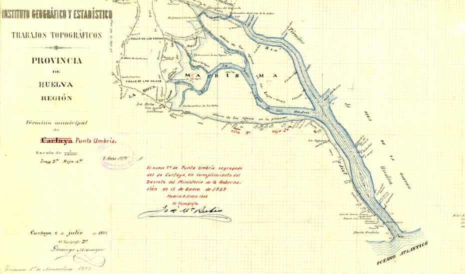 Mapa con los límites de los términos municipales de Huelva y Punta Umbría a finales del siglo XIX.
