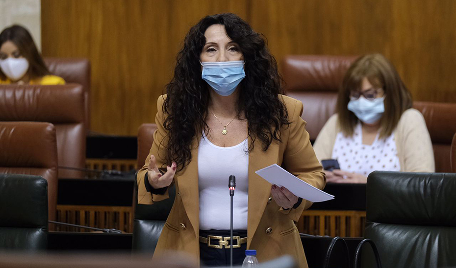 La consejera de Igualdad, Rocío Ruiz, interviniendo este jueves en el Parlamento desde su escaño.