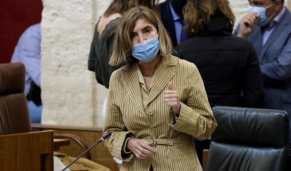 La consejera Rocío Blanco durante su intervención en el pleno de la Cámara andaluza.