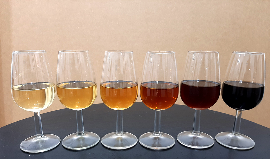 La variedad cromática que ofrecen los vinos del Marco de Jerez, a partir de una uva blanca como la Paliomino (Foto: Miguel Lara).