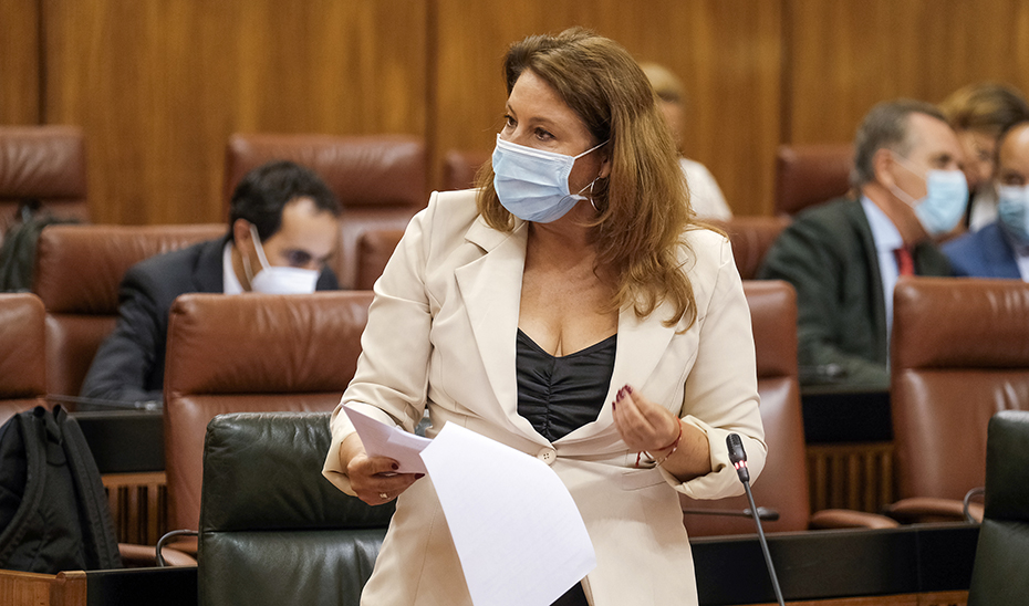 La consejera Carmen Crespo responde a las preguntas de la oposición desde su escaño.