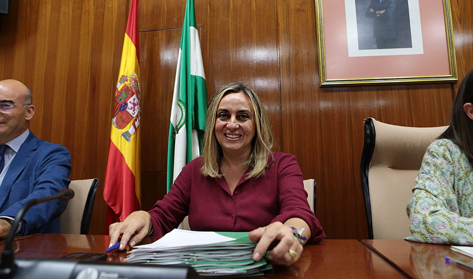 La consejera de Fomento, Marifrán Carazo, durante su intervención en la Comisión del Parlamento de Andalucía.