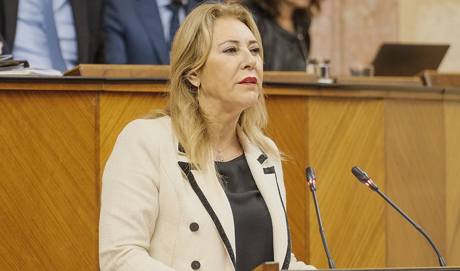 La consejera de Economía, Carolina España, durante su intervención ante la Cámara andaluza, que ha aprobado los Presupuestos de la Junta para 2023.