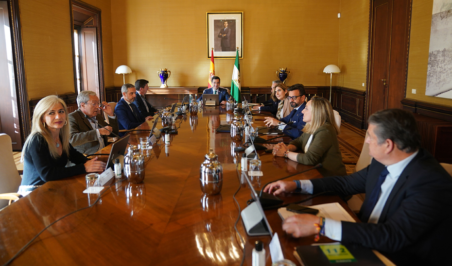 Juanma Moreno presidiendo al fondo la reunión del Consejo de Gobierno extraordinario.