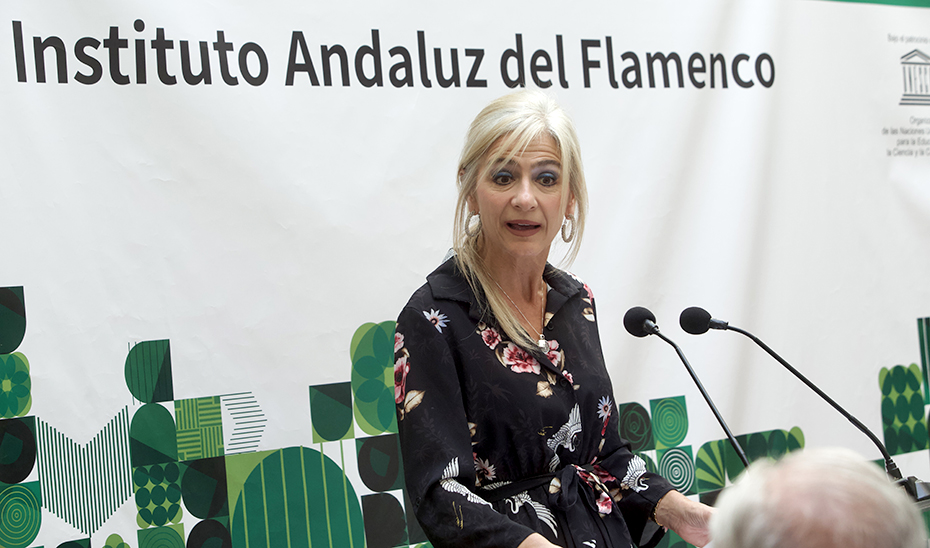 La consejera Patricia del Pozo, en la sede del Instituto Andaluz de Flamenco, durante la presentación del Circuito Andaluz de Peñas.