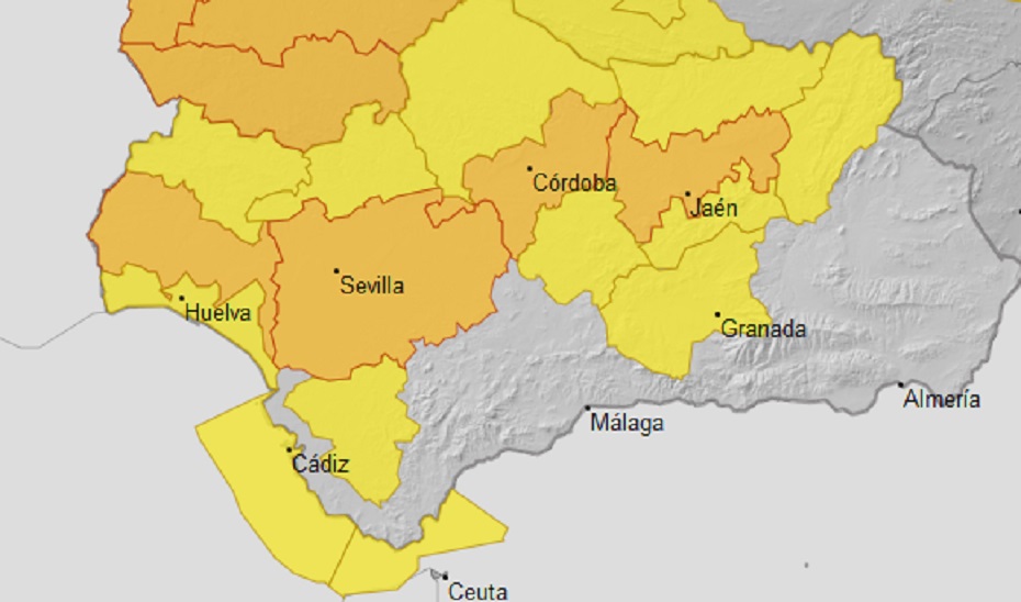 Mapa de AEMET con los avisos naranjas y amarillos previstos para mañana domingo.
