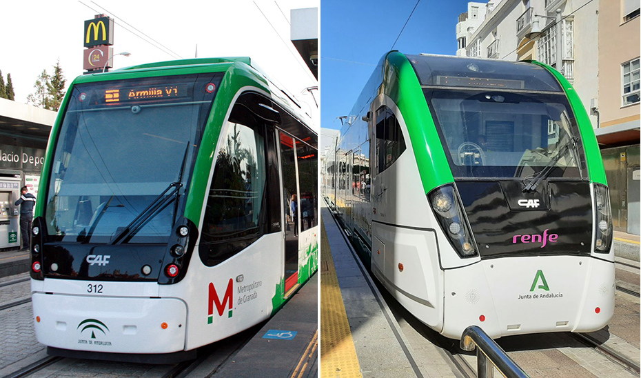 Dos unidades móviles del Metro de Granda y del Trambahía, esta última durante la realización de las pruebas en blanco.