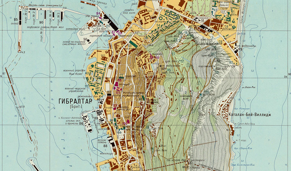 Detalle de Gibraltar en los mapas realizados por el servicio cartográfico de la URSS (ICGC).