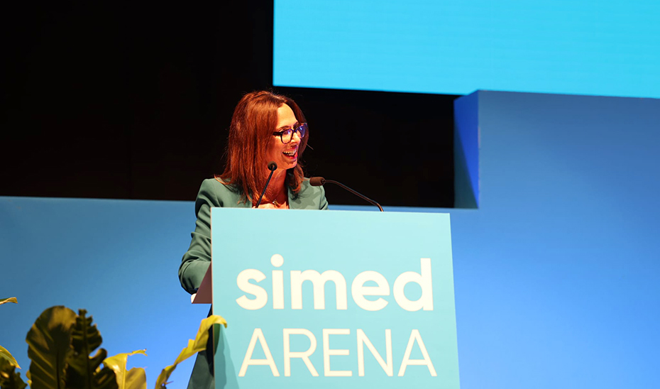 Rocío Díaz, durante su intervención desde la tribuna, en la inauguración del Simed, que se celebra en Málaga.