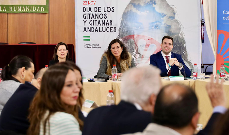 La consejera de Inclusión Social, Loles López, durante el pleno del Consejo Andaluz del Pueblo Gitano.