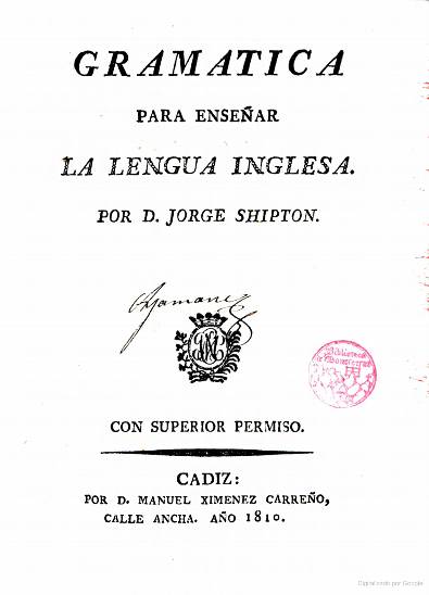 Portada de la Gramática para enseñar la lengua inglesa, publicada en Cádiz en 1810.