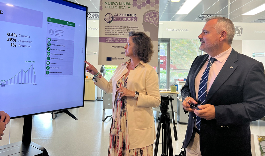 La consejera de Salud y Consumo, Catalina García, durante la visita a las instalaciones del centro de servicios e información de Salud Responde en Jaén.