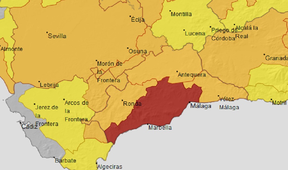 Mapa de AEMET con el aviso rojo previsto para hoy miércoles en Málaga.